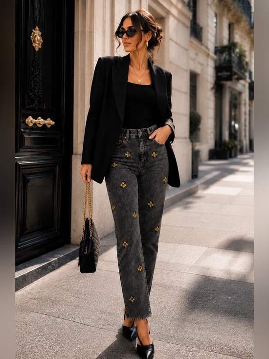 Zara Denim - ZARA Black Slim Full Length Straight-Leg Slim Jeans Floral Embroidery Sz 4 Boho
